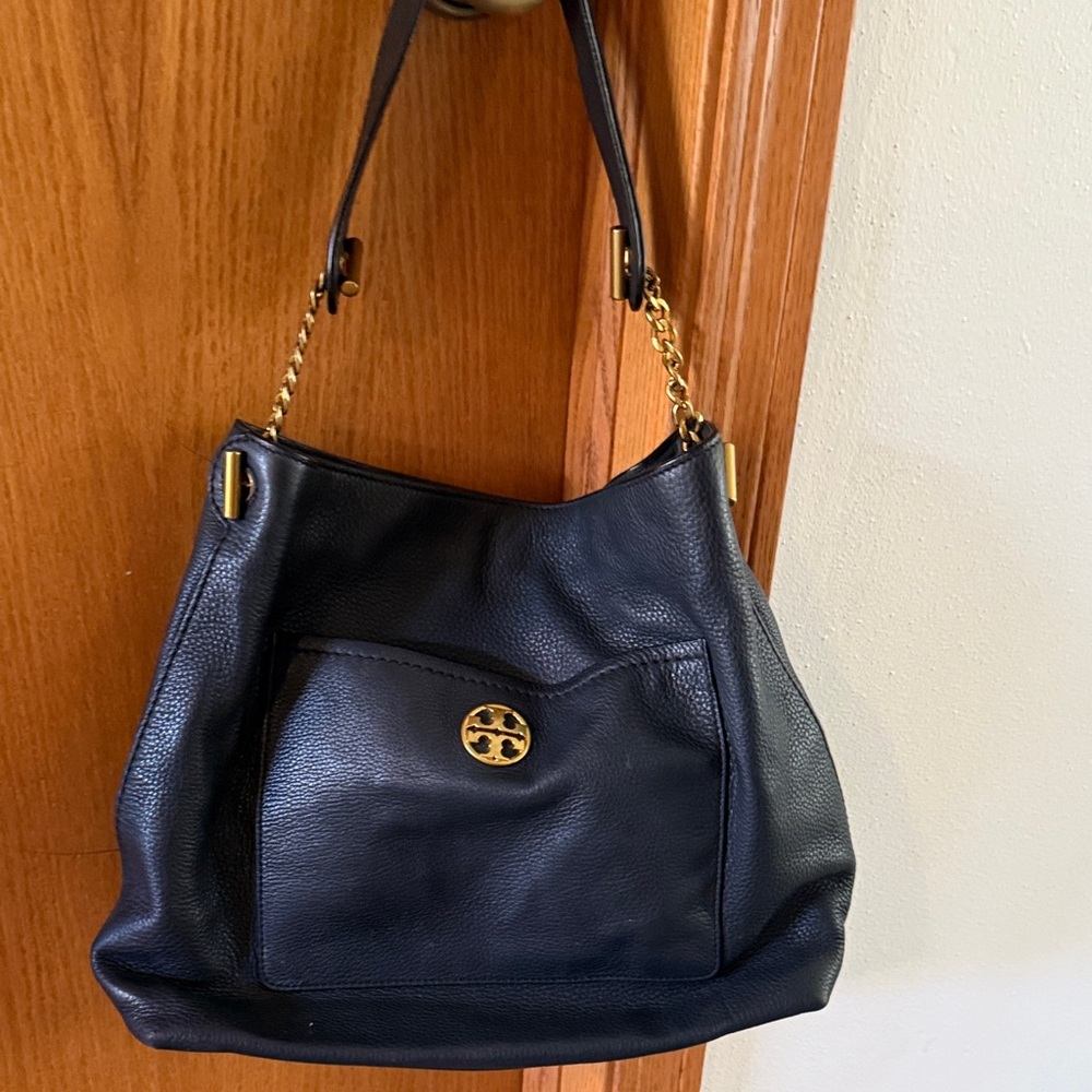 Navy Leather Shoulder Bag with Gold Accents